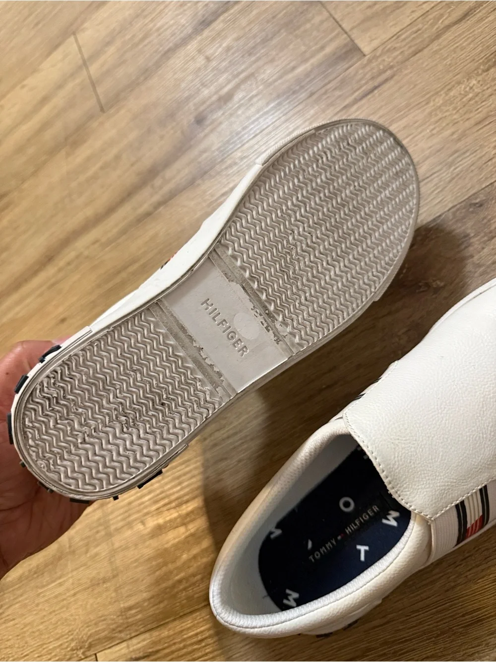 Tommy Hilfiger White Slip-On Loafers with Red & Blue Stripe